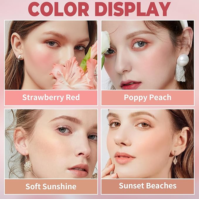 4 in 1 Blush Palette, 4 Colors Matte Face Powder Blush for Cheek, Strawberry Red, Poppy Peach, Shy Pink, Coral Orange Face Rouge Long Lasting High Pigment Lightweight Korean Blush Makeup03#