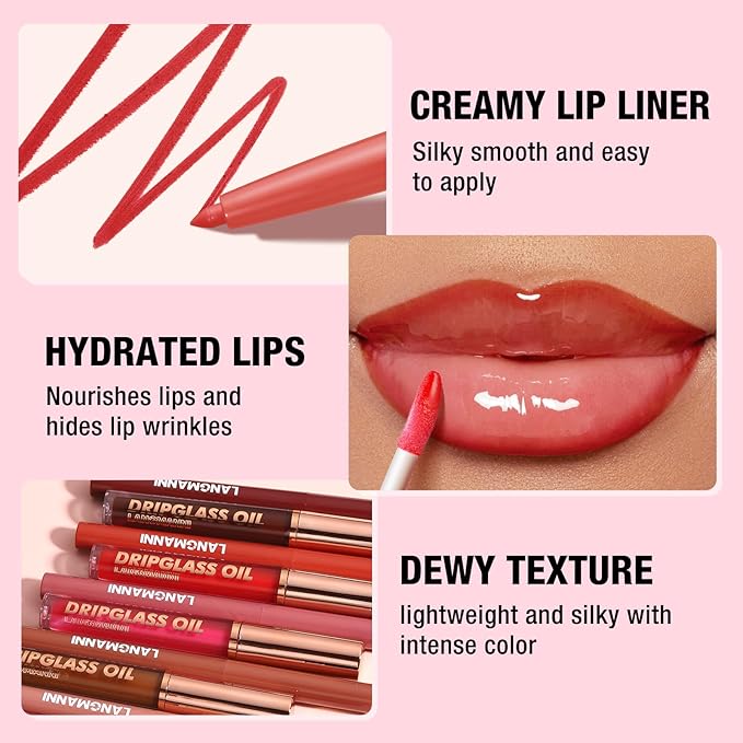 BestLand 12pcs Hydrating Lip Oils + Lip Liner Pencil Lip Combo Sets, 24H Long-Lasting Lip Kit with Lip Liner and Gloss, Nourishing, Non-Sticky Tinted Stain Lip Gloss Plumping Lip Oil Set for Women