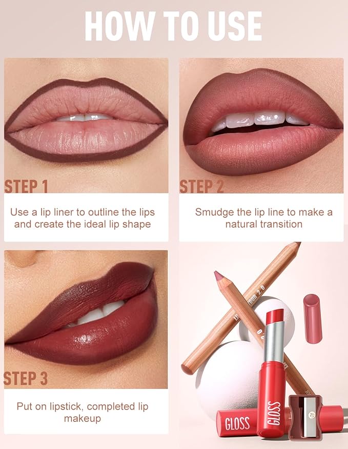 2 Pcs Lipstick and Lip Liner Set Hydrating Lip Tint Non-Sticky Lightweight Lip Balm Plumping Lip Kit for Women Matte Lip Pencil Long Lasting Gradient Glossy Lip Combo with Sharpener, 04