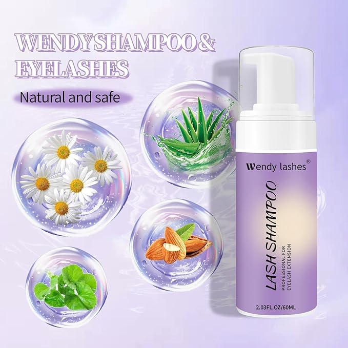 Wendy Lash Shampoo Kit for Cleaning: for Home and Salon Use, 60ML Mild, Natural Formula, with Brushes, SL-ZS
