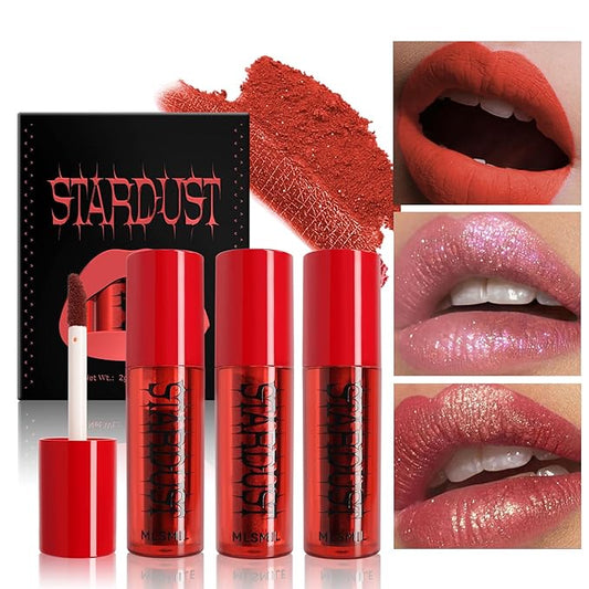 3 Colors Melting Lip Powder Lipstick Velvet Liquid Glitter Lip Gloss Halloween Makeup Kit for Women Long Lasting Highly Pigmented Multi-Purpose Lips Eyes & Cheeks Tint Goth Cosplay (A#,S)