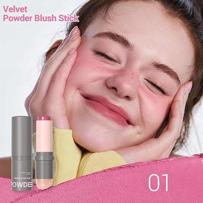 Erinde Blush Stick for Cheeks, Cream to Powder Blush Stick, Matte Blendable Buildable Color, Built-In Silicone Blush Brush, Cream Blush Stick for Cheek, Eyes & Lips, Vegan & Cruelty Free, 01