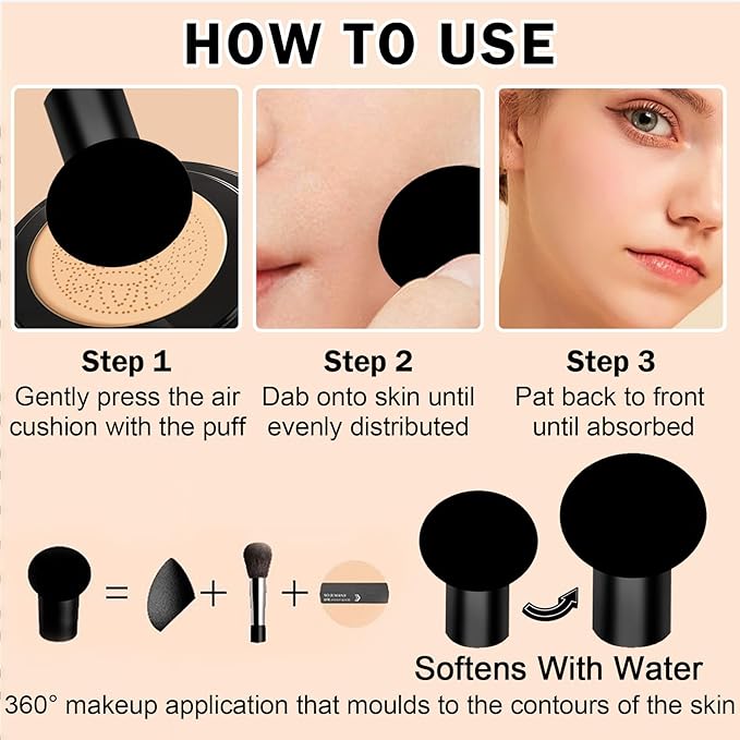 2Pcs Air Cushion CC Cream Foundation Mushroom Head Moisture Cushion Cover Up BB Cream Makeup for Moisturizing Oil Control Concealer Brighten Skin Tone #Natural Color