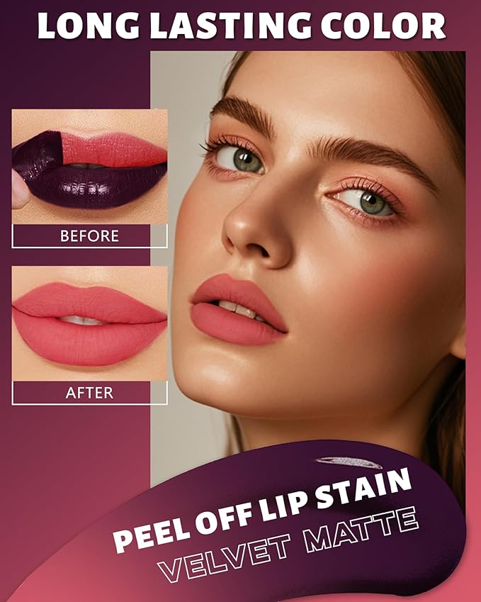 Peel Off Lip Stain Tattoo, Long Lasting Lip Liner Stain Peel Off Matte Nude Lipgloss Rose Lipstick, Waterproof Smudge Proof High Pigmented Color Peel Off Lipstain Tint Women Lip Makeup Gift-02