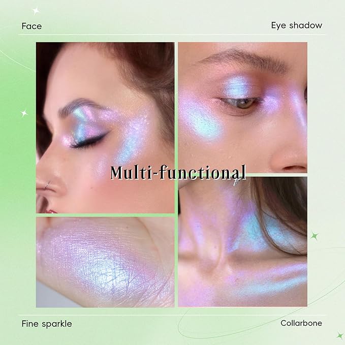 Face Highlighter Palette, Lunar Glow Highlighter Powder Makeup, Chameleon Glitter Shimmer Body Cheek Eye Highlighter, Multichrome Sparkle Holographic Color Shifting Silky Creamy Illuminator#01