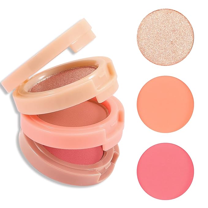 Boobeen Blush and Highlighter Kit, 3 in 1 Makeup Pressed Powder Palette Shimmer Bronzer, Orange&Pink Matte Blusher Blendable Glow Face Palette for a Redness and Glowing Look