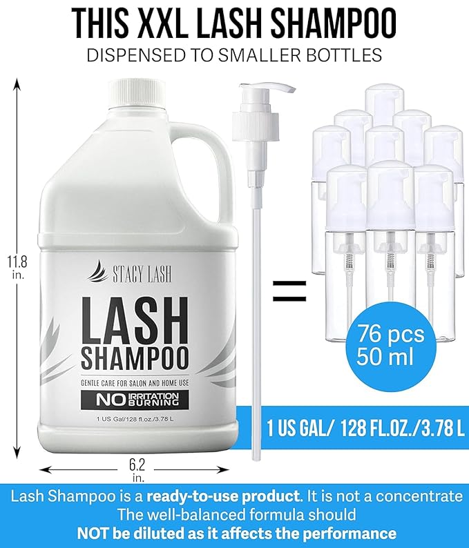 STACY LASH Eyelash Extension Shampoo 1US Gal / 128 fl.oz. / 3.78L / Eyelid Foaming Cleanser/Safe Wash for Extensions & Natural Lashes/Supplies for Professional & Home Use / 50 Aftercare Cards