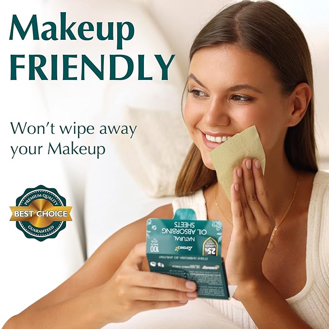 Natural Green Tea Oil Blotting Sheets for Face - 25% Larger - 100 Makeup Friendly Blotting Papers for Face - Easy Dispensing Oil Absorbing Sheets