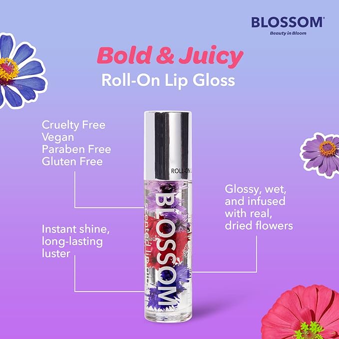 Blossom Roll on Lip Gloss, Scented Clear High Shine Moisturizing Lip Oil, Non Sticky, Infused with Real Flowers, Made in USA, 0.2oz, Bubble Gum