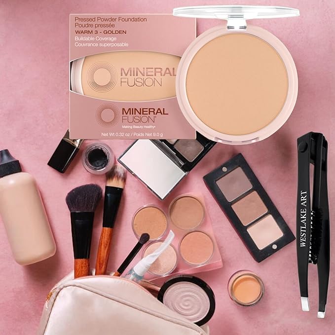 Pressed Powder Foundation Warm 3, Medium To Tan Coverage, Bundled With Eyebrow Tweezers - Matte Finish, Talc Free Face Powder, Antioxidant Foundation Makeup (Pack of 3)
