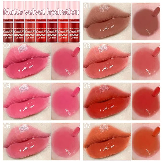 7 Colors Peach Lip Tint Stain Set, Korean Mini Liquid Lipstick, Lip Gloss Moisturizing Natural, Multi-Use Lip and Cheek Tint, Long lasting Non-Stick Cup Waterproof,High Pigment (SET C)