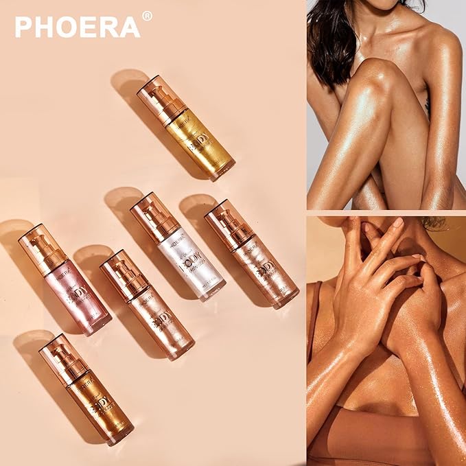 PHOERA Body Shimmer Oil,Waterproof Long Lasting Moisturizing Body Luminizer Glow Body Illuminator Highlighter for Face with Makup Bursh, 1oz/Jars (102 Metallic Gold)