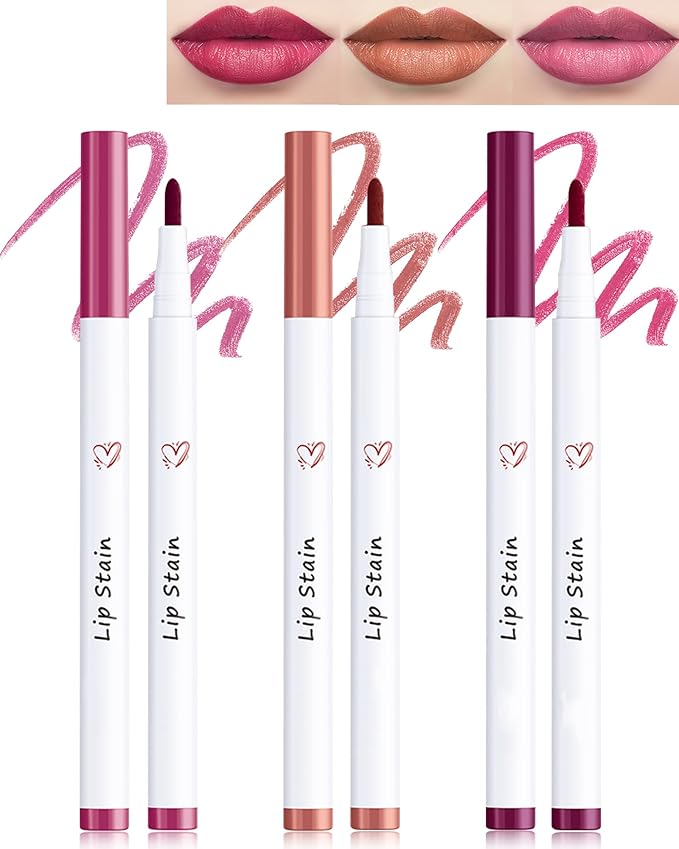 Lip Liner Stain Mark Pen-3Pcs Pink Rose Red Liquid Lip Stain Tint,Longlasting Waterproof Quick Dry Lipstick Lipcolor,Precise Chisel Tip Smooth Lip Gloss Pencil,Lip Makeup Lipstain Pen for Women-SetB