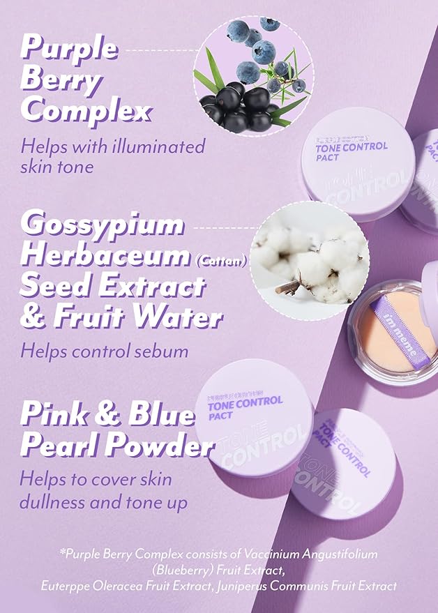 I'M MEME Compact - Purple Cotton Tone Control Pact | Korean Pressed Setting Powder With Berry Complex, Mineral, Translucent, for Blurring Effect, Makeup Compact, Oily Skin, Natural Coverage, 0.35 Oz