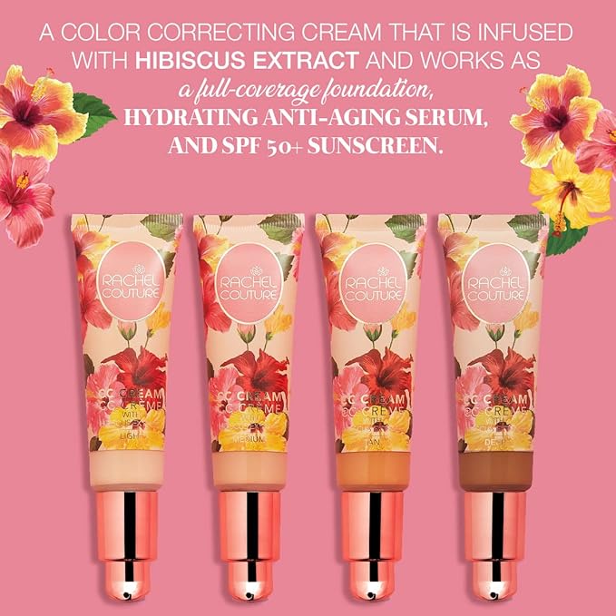 Rachel Couture CC Cream | Color Correcting Cream with Hyaluronic Acid | Full Coverage Foundation & Hydrating Anti-Aging Serum | Vegan & Cruelty Free - 1.18 Fl Oz - Tan