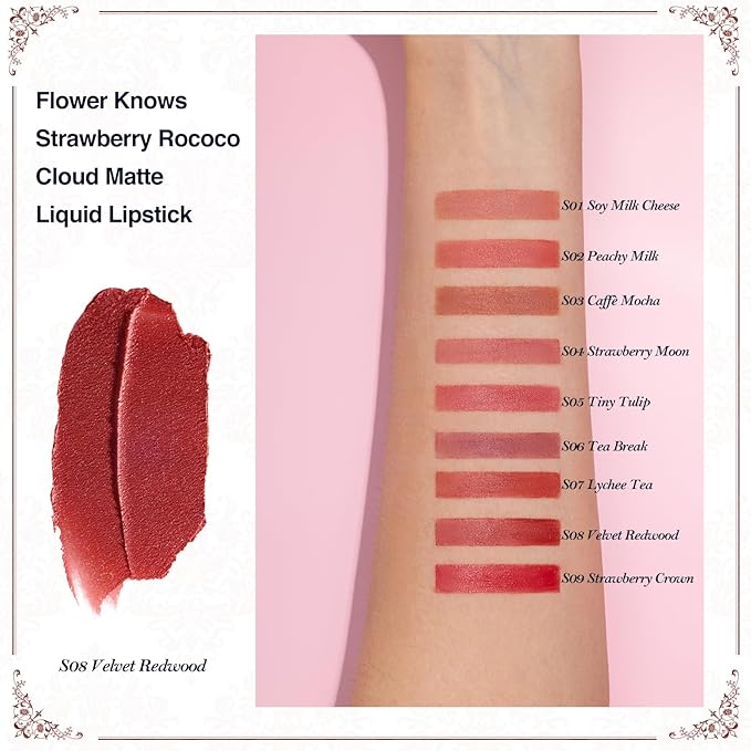 Flower Knows Strawberry Rococo Cloud Lip Cream,Velvety Matte Liquid Lipstick,Red Lipstick,Long Lasting Lip Stain,Kiss-proof Blurred Lipstick for Girls&Women,0.12 Fl Oz(S08 Velvet Redwood)