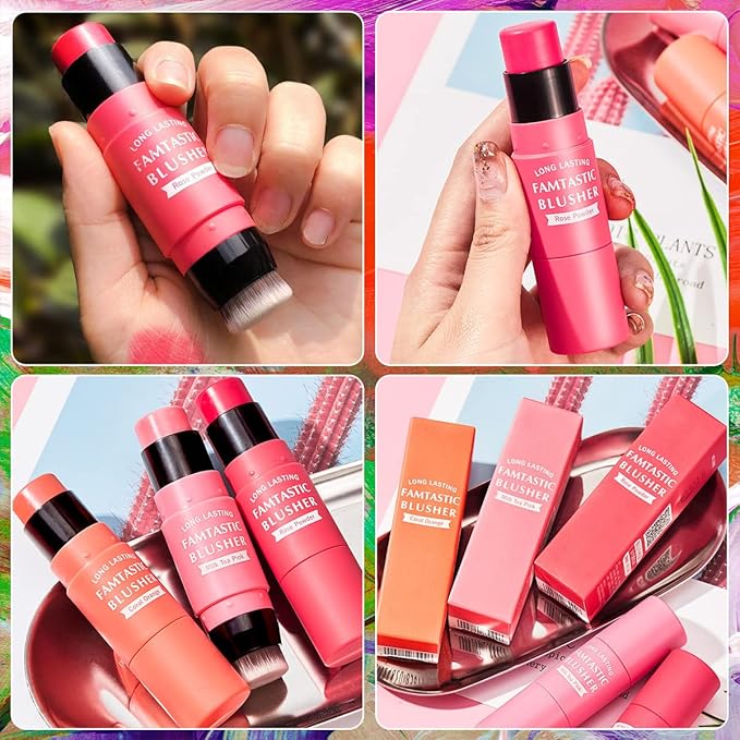 Cream Blush Stick for Cheeks - 2 in 1 Multi Makeup Blush with Brush for Cheeks Tint & Eyes & Lips, Waterproof Smooth Creme Texture, Long-lasting Wear All Day, #02 Rose Red