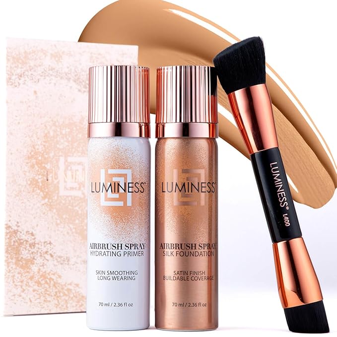 LUMINESS Airbrush Flawless 4-PC Makeup Kit - Includes Eyeshadow Palette, Airbrush Foundation, Primer & Makeup Brushes - Long-Lasting, Silky, Easy to Blend Make Up Set, Travel Size (06 - Light Warm)