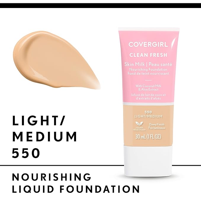 COVERGIRL Clean Fresh Nourishing Skin Tint, 550 Light/Medium, Liquid Foundation, Dewy Finish, Infused with Coconut & Aloe, Vegan Formula