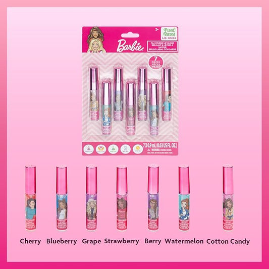 Barbie 7 Piece Plant Based Lip Gloss, Girls Party Favors, First Makeup Set for Girl, Perfect for Parties, Sleepovers, and Birthday Gifts, Ages 3+, by Townley Girl