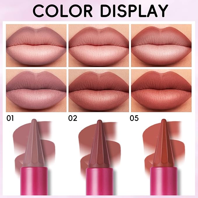 3 Colors 2-in-1 Lip Liner Set, Matte Nude Gradient Smooth Creamy Lip Pencil High Pigmented Waterproof Long Wearing Lip Combo Multi Use Cream Lipstick Kit Makeup for Women and Girls(01+02+05)