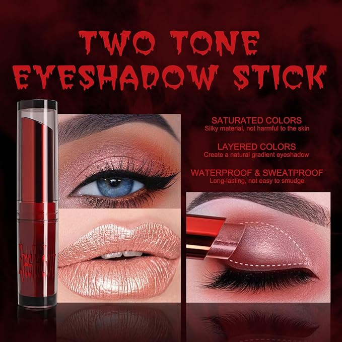 Halloween Fake Blood Vampire Accessories Blood Red Lipstick Glitter Eyeshadow Black Press On Nails for Eyes Teeth Mouth Nose Bleeds Cosplay SFX Zombie Makeup Monster Party Stage Horror Film