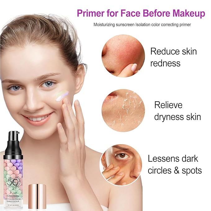 Primer for Face Before Makeup, SPF 50 Sunscreen Isolation Cream, One Step Color Correcting & Oil Control, Moisturizing, 3 In1 Color Corrector Primer Facial Serum, Radiance Skin