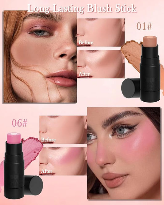 Cream Blush Stick for Cheeks-2Pcs Multi-Use Sandwich Makeup Blush Stick for Eyes Lips Face,Longlasting Tinted Matte Blush, Glow Blendable Blusher with Brush,Women's Day Gift for Women-01+06