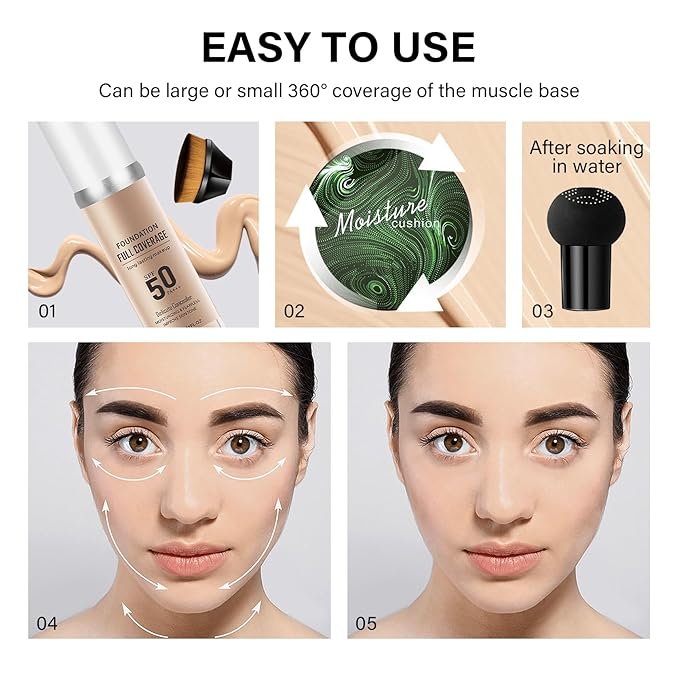 2PCS Mushroom Head Air Cushion CC Cream, Moisturizing Lasting Oil Control BB Cream for All Skin Types, Full Coverage Concealer Liquid Foundation Face Makeup Set with Foundation Brush & Makeup Sponge D