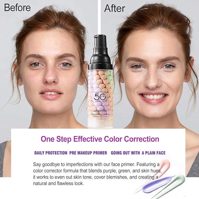 One Step Color Corrector Primer, SPF 50 Face Moisturizing Sunscreen Isolation Cream, 3 In 1 Primer for Face Before Makeup, Makeup Primer Oil Control & Skin Tone Correcting