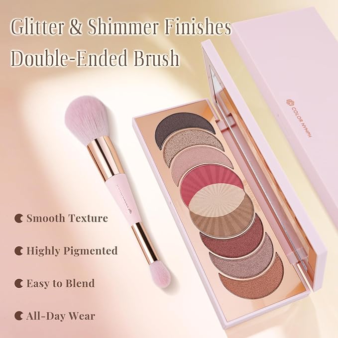 Color Nymph Blush Bronzer Highlighter Palette丨9 Colors Shimmer Eyeshadow Makeup Palettes, High-Pigment Travel Makeup Pallet with Mirror Brush, Cruelty-free & Talc-free