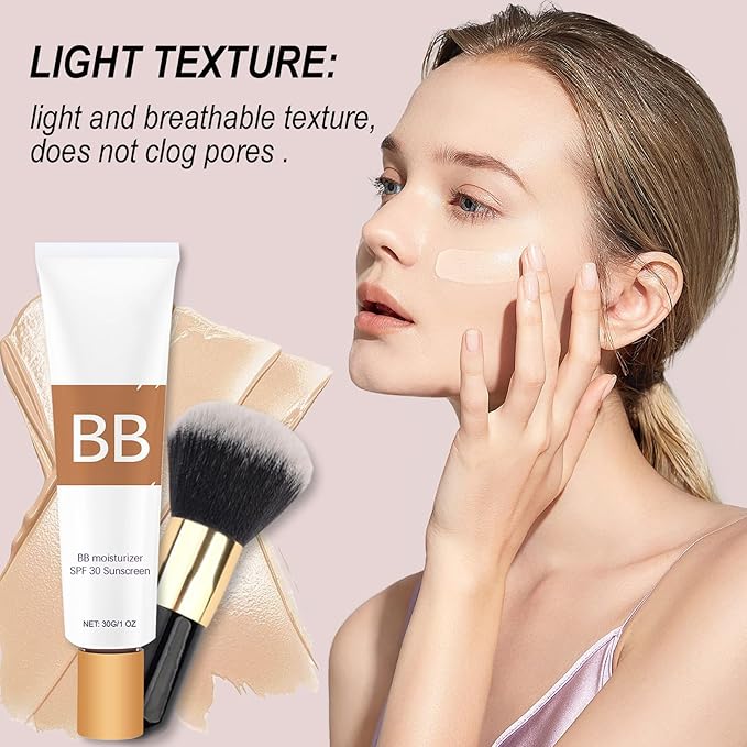 BB Blur Tinted Moisturizer, BB Moisturizer Spf 30, BB Tinted Primer with Brush, Full Coverage Light-Medium Skin Color Hydrating & Smoothing (Ivory)