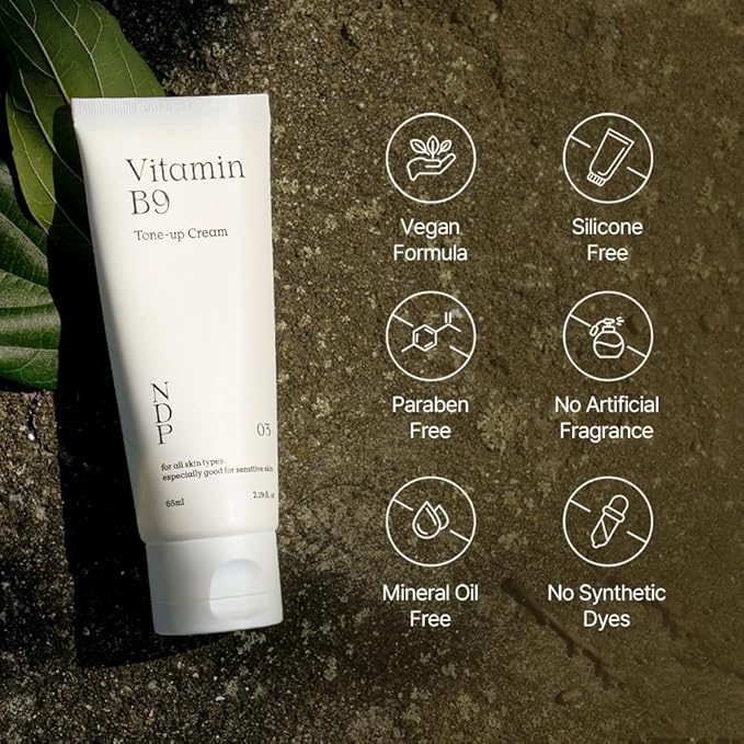 NDP Vitamin B9 Tone-up Cream, Silicone Free Face Primer for Pore Minimizing, Breathable Skin Formula, Glass Skin & Lightweight, Vegan Clean K-Beauty, 95% Purity Madecassoside (65ml / 2.19 Fl Oz)