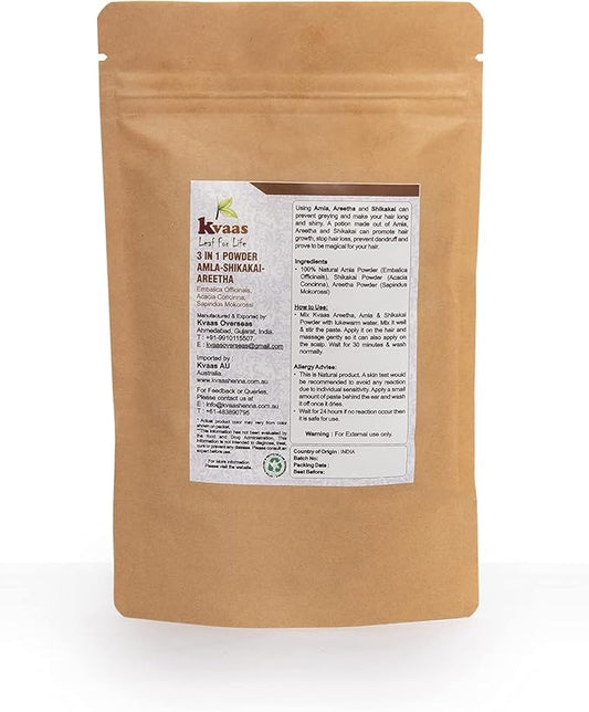 3 in 1 Powder Amla - Shikakai - Areetha Powder | 3.53 Oz (100 g) | Natural & Pure Mix Powder for Hair Care By KVAAS