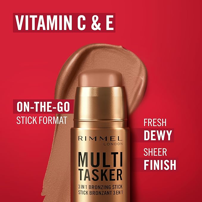 Rimmel Multi Tasker 3 in 1 Bronzing Stick, 003 Tan, Sculpted and Bronzed Glow, All-Day Wear, Sheer and Dewy Finish, Infused with Vitamin C & E, Vegan Formula, Cruelty-Free