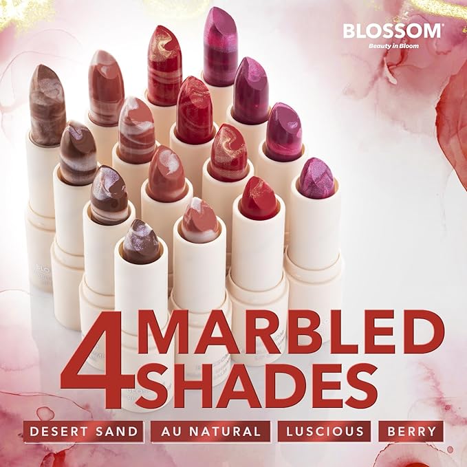 Blossom Marble Shimmer Lip Balm Moisturizing Lipstick with Shea Butter, Jojoba, Olive Oil, 0.12oz/3.5g, Au Natural