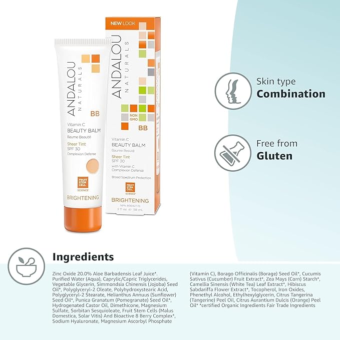 Andalou Naturals Vitamin C BB Beauty Balm Sheer Tint SPF 30, 2-in-1 BB Cream & Face Sunscreen with Broad Spectrum Protection, Mineral Sunscreen with Non-Nano Zinc Oxide, 2 Fl Oz