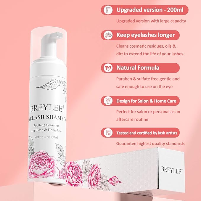 Eyelash Extension Cleanser, BREYLEEEyelash Extension Shampoo Eyelash Extension Foam & Brushes Eyelid Cleanser for Makeup Remover Paraben & Sulfate Free for Salon and Home Use(200ml, 7 fl oz)