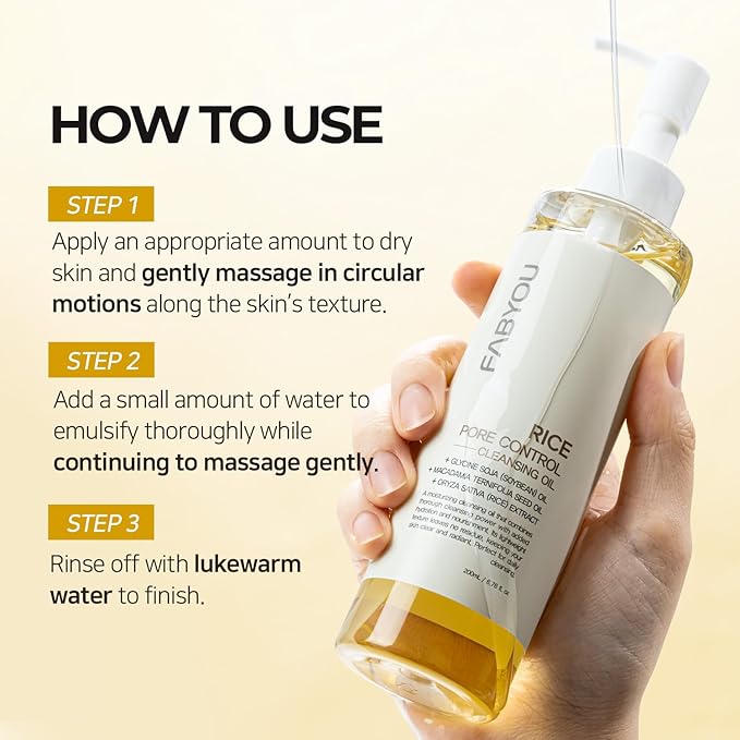 FABYOU Rice Pore Control Cleansing Oil 6.76 fl oz – Korean Skin Care for Deep Pore Cleansing, Moisturizing & Nourishing, Hypoallergenic, Plant-Based Oils, for Clear and Smooth Skin