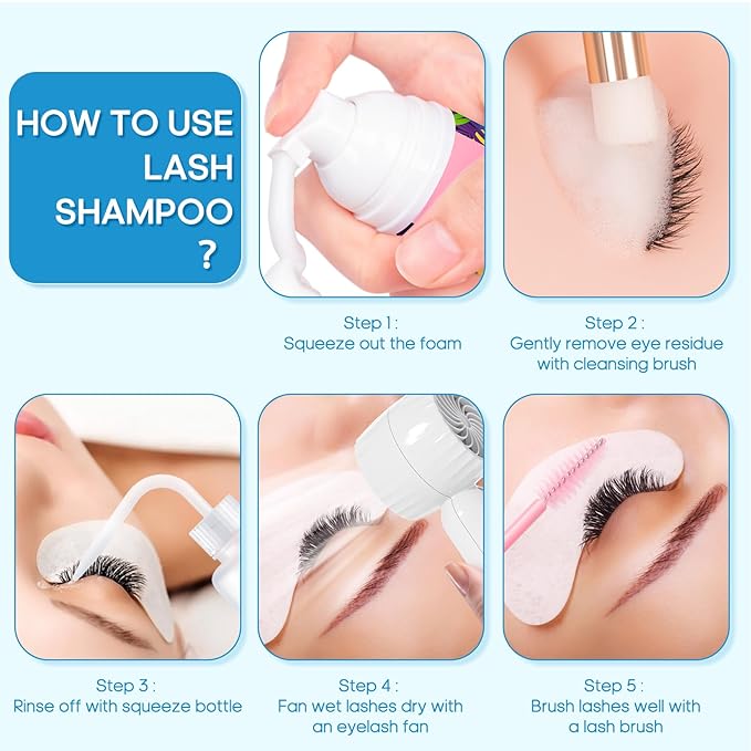 Buqikma Lash Shampoo Kit - Eyelash Extension Cleanser for Extensions 60ML with Rechargeable Handheld Lash Fan Dryer Mascara Brush Rinse Bottle Makeup Cleansing Foam for Lash Care