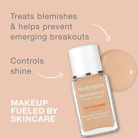 Neutrogena SkinClearing Oil-Free Acne and Blemish Fighting Liquid Foundation with.5% Salicylic Acid Acne Medicine, Shine Controlling Makeup for Acne Prone Skin, 40 Nude, 1 fl. oz