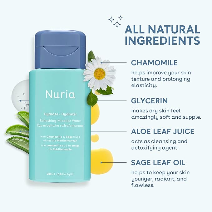 Nuria - Hydrate Refreshing Micellar Water, No-Rinse Makeup Remover Water with Sage Leaf Oil, Chamomile, and Aloe Leaf Juice, 200mL/6.8 fl oz