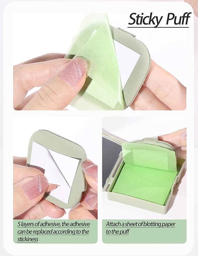 Oil Blotting Paper - 300 Sheets w/Mirror, Puff & Refills, Absorbs Excess Face Oil, Controls Shine, Gentle for Makeup Use.