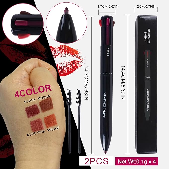 4 in 1 Makeup Pen, 2 PCS, Eye Liner, Brow Liner, Lip Liner, Highlighter Pen, Smooth to Glide, All in One Waterproof Long-Lasting Multi-function Beauty Pencil, Facial Lip Liner Makeup Pencil