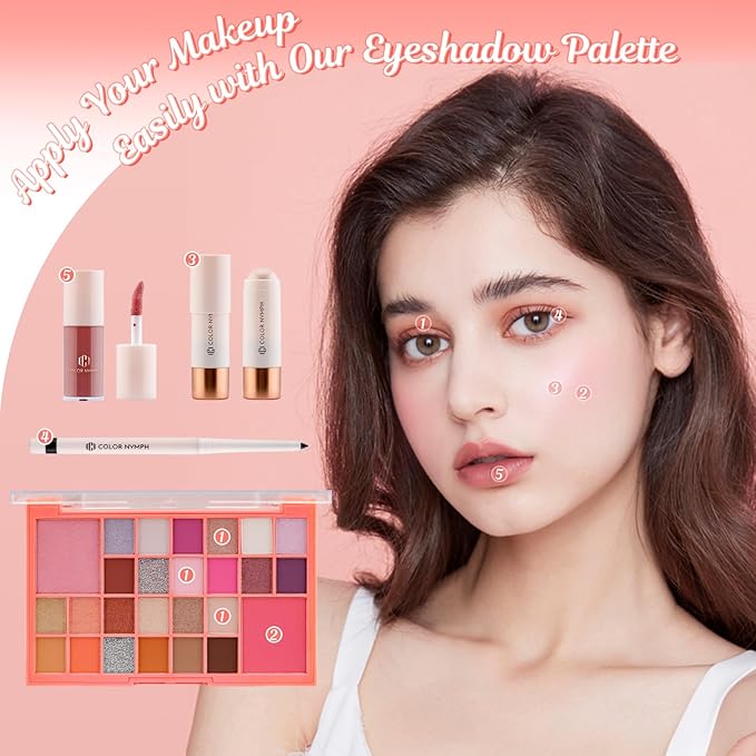 Color Nymph Makeup for Kids with LED Mirror, Travel Makeup Case with Cosmetics Kit for Beginners, Non-Toxic Make Up Set with 26-Color Face Palette Highlighter Lipgloss Eyeliner Brush