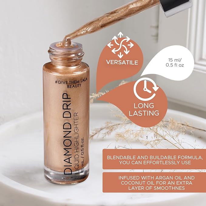 Diamond Drip Liquid Highlighter By Give Them Lala- Highly Pigmented Shimmer Highlighter For Face & Chest- Illuminator Drops For Diamond Sparkle- Glow Drops For Dewy Foundation, Cruelty-Free - (24K)