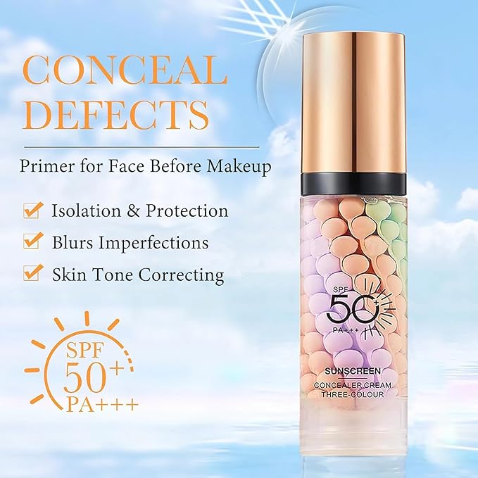 3 In 1 Primer for Face Before Makeup, One Step Color Correcting Primer, SPF 50, Hydrating, Oil Control Facial Serum & Color Correcting Moisturizer, SPF Cream, Even Skin Tone, Natural & Sheer Finish