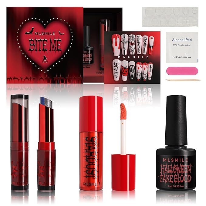 Halloween Makeup Kit,Halloween Press On Nail With Tools,SFX Make up Set Fake Blood Cream,Powder Lipstick,two-tone eyeshadow,2024 New Halloween Party Supplies