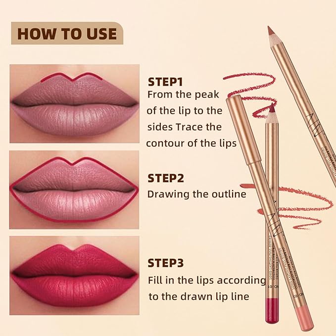 12PCS Long Lasting Lipliner Set High Pigmented, Smudge Proof Lip Makeup Pencil for Daily Use, Silky Smooth Application with 3mm Fine Tip