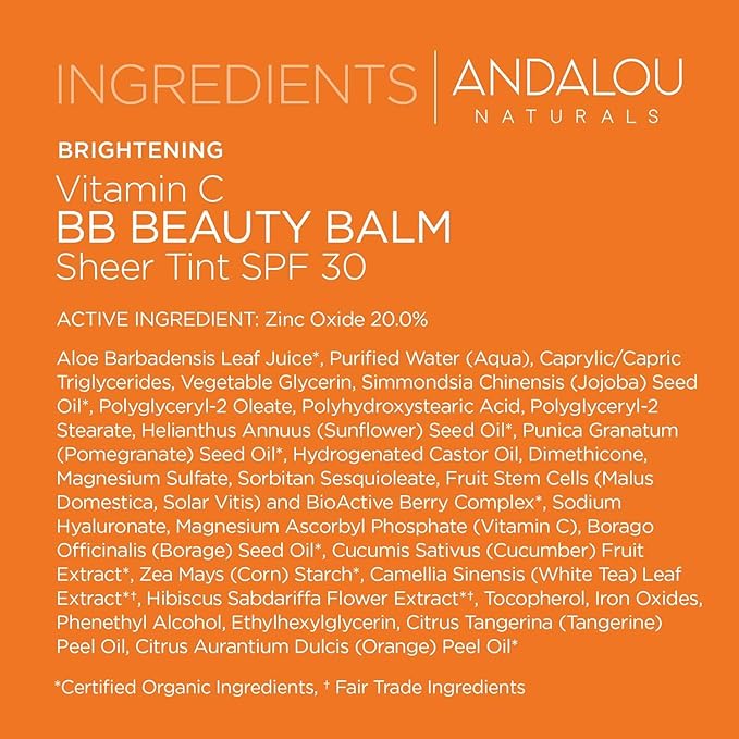 Andalou Naturals Vitamin C BB Beauty Balm Sheer Tint SPF 30, 2-in-1 BB Cream & Face Sunscreen with Broad Spectrum Protection, Mineral Sunscreen with Non-Nano Zinc Oxide, 2 Fl Oz